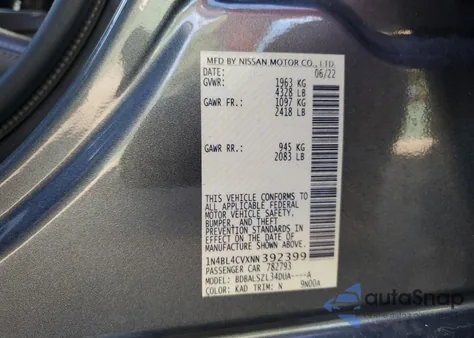 2022 Nissan Altima Sr from USA, damaged, VIN 1N4BL4CVXNN392399